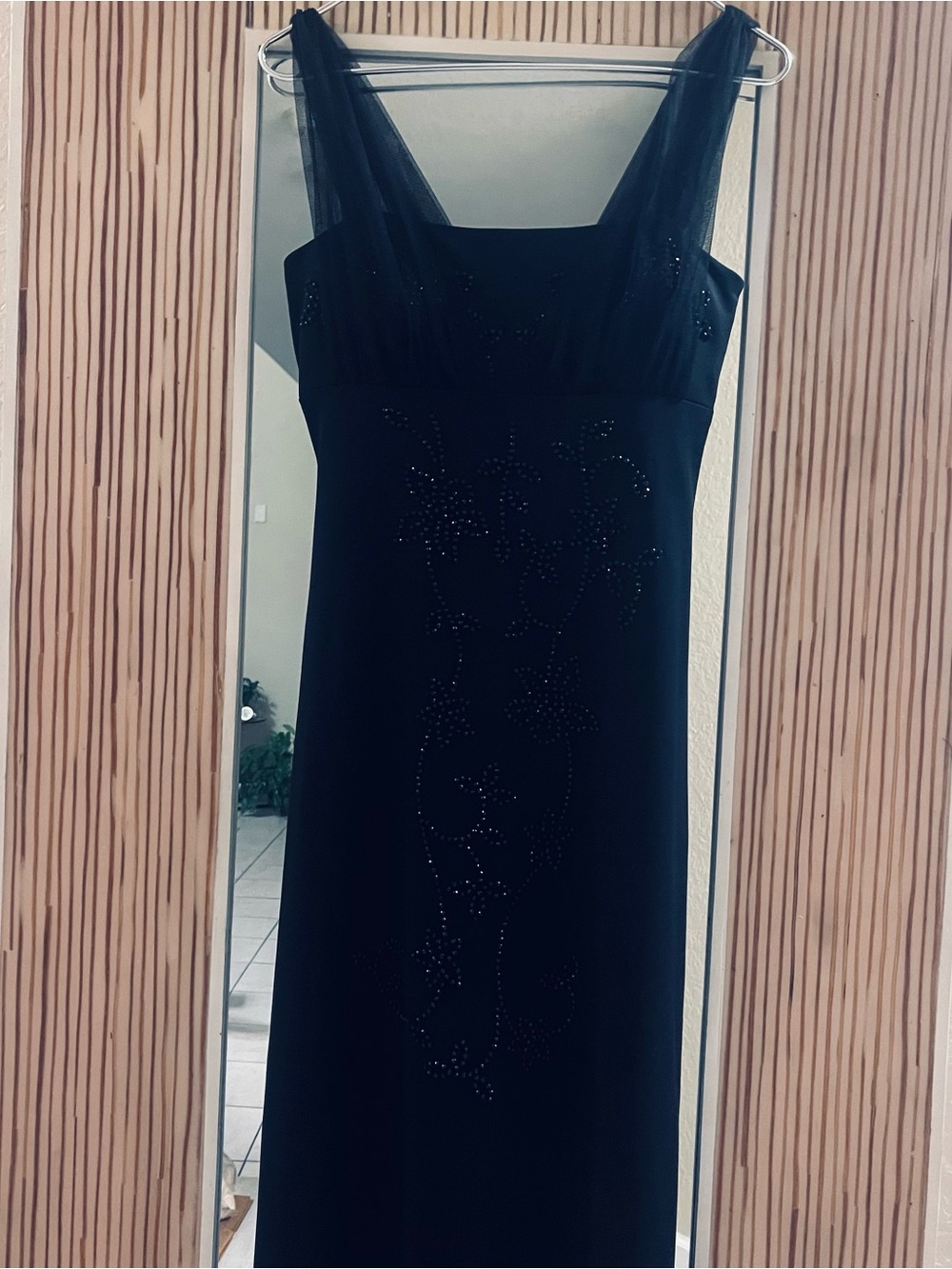 Betsy & Adam by Linda Bernell Black Mesh-Detail Evening Dress